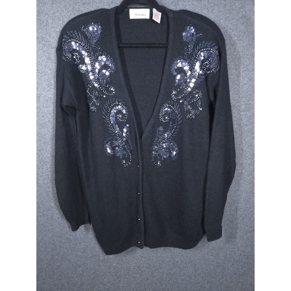 Vintage 80s 90s Worthington Whimsigoth Black Sequin Cardigan Sweater Silk Angora
